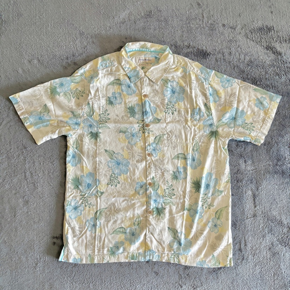 Tommy Bahama Mens Large Hawaiian Shirt 100% Silk White Blue Floral Hawaii Luau